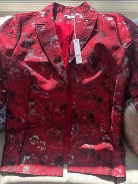Chico’s red and silver jacquard topper